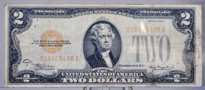 1928C US 2 Dollar Legal Tender Faded Ink Note - Contaminated Orange/Gold Ink Error - 1928-C Two Dollar Yellow Red Ink Error Note - Fr#1504