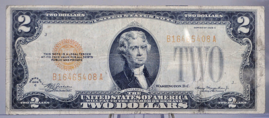 1928C US 2 Dollar Legal Tender Faded Ink Note - Contaminated Orange/Gold Ink Error - 1928-C Two Dollar Yellow Red Ink Error Note - Fr#1504