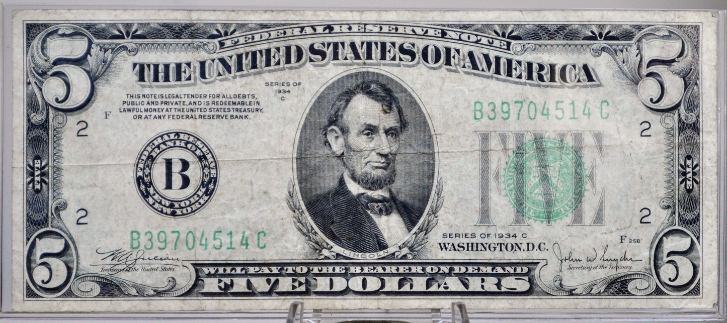 1934-C Federal Reserve 5 Dollar Note - Choice of Grade - Choose by Bank Issue - 1934C US Five Dollar Banknote - Fr.1959A, 1959B, 1959D