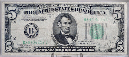 1934-C Federal Reserve 5 Dollar Note - Choice of Grade - Choose by Bank Issue - 1934C US Five Dollar Banknote - Fr.1959A, 1959B, 1959D