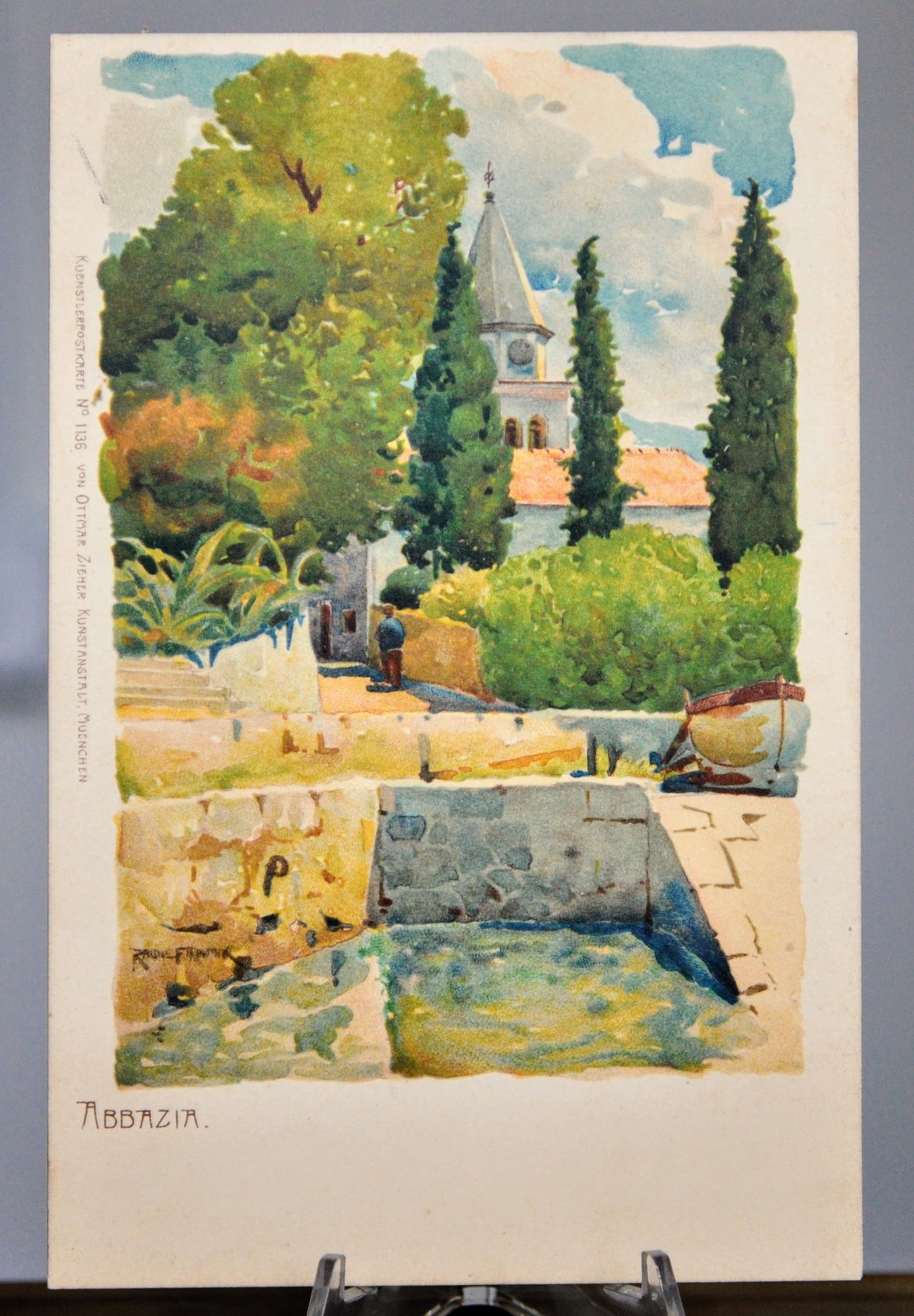1900s Abbazia Croatia Church Raoul Frank Signed Artist Postcard - Ottmar Zieher Publisher - Antique Croatia Port Lithograph Postcard