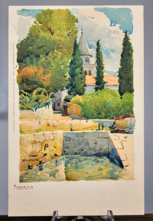1900s Abbazia Croatia Church Raoul Frank Signed Artist Postcard - Ottmar Zieher Publisher - Antique Croatia Port Lithograph Postcard