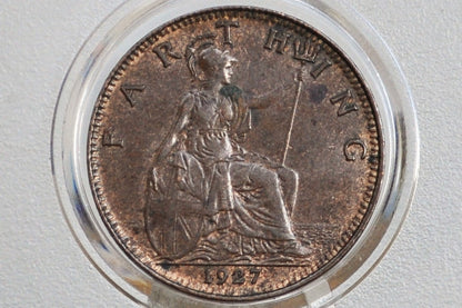 1927 Farthing Great Britain - Uncirculated, Lustrous Coin - UK 1 Farthing 1927 - British One Farthing 1927 - High Grade