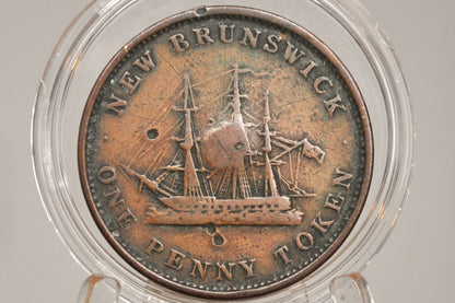 1843 New Brunswick One Penny Token - Great Detail, Dented - Queen Victoria, Young Head New Brunswick 1 Penny 1843 Large Cent 1843 Cent NB