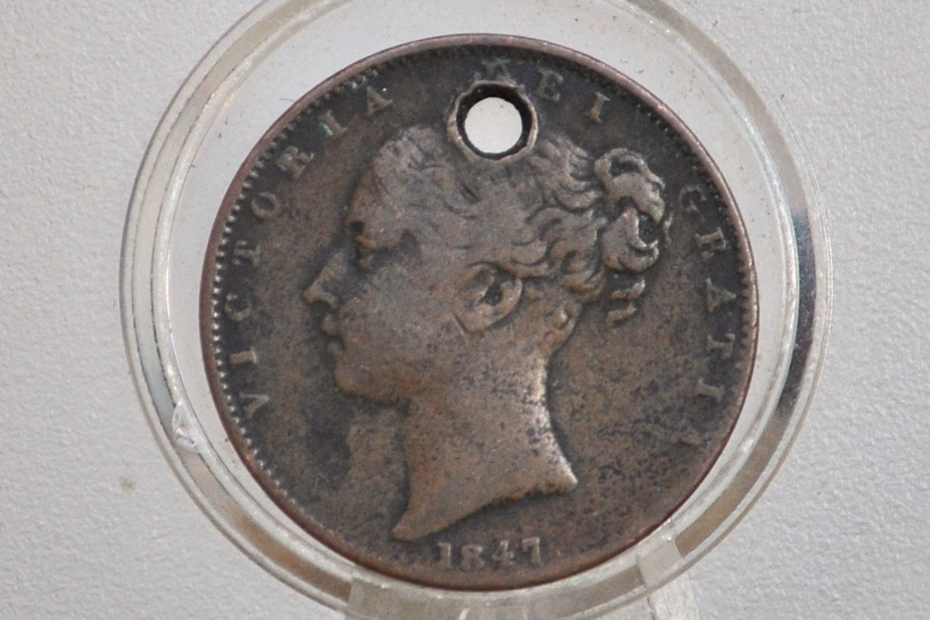 1847 Farthing Great Britain - Historic Coin, Great Detail, Holed - UK Farthing 1847