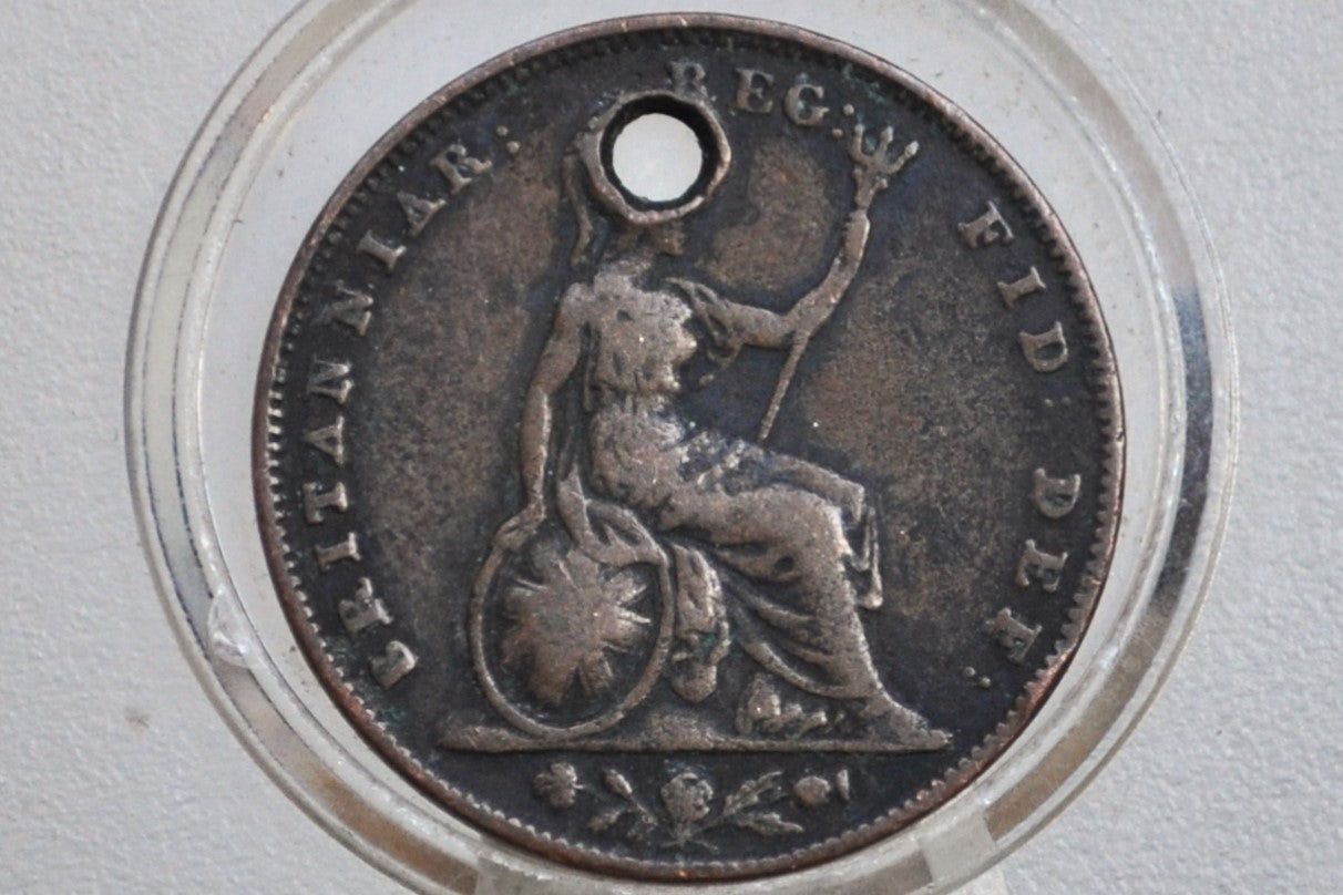 1847 Farthing Great Britain - Historic Coin, Great Detail, Holed - UK Farthing 1847