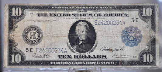 1914 10 Dollar Federal Reserve Note Large Size Fr#923 - VG/VG+ - Richmond VA 1914 Ten Dollar Bill Horseblanket Note 1914 Andrew Jackson 10