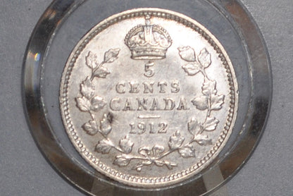 1912 Canadian Silver 5 Cent Coin - AU (About Unc.) Condition - King George - Canada 5 Cent Sterling Silver 1912 Canada