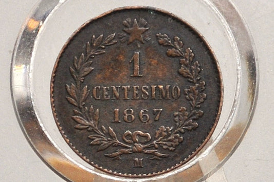 1867 Italian 1 Centesimo - XF - 1867 1 Cent Coin Italy - Vittorio Emanuele II - Copper - 1867 1 Centesimo M
