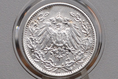 1905 German 1/2 Mark, J Mint Mark - AU Details - German Empire Silver One Half Mark 1905, Silver Half Mark 1905J, Great Coin