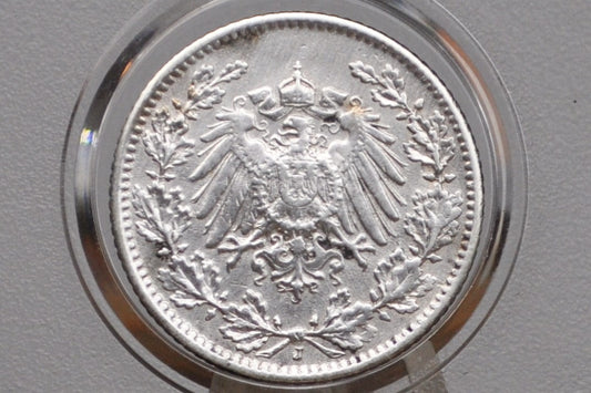 1905 German 1/2 Mark, J Mint Mark - AU Details - German Empire Silver One Half Mark 1905, Silver Half Mark 1905J, Great Coin
