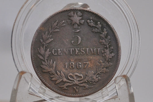 1867 Italian 5 Centesimo - Great Condition - 1867 Five Cent Coin Italy - Vittorio Emanuele II - Copper - 1867 5 Cent