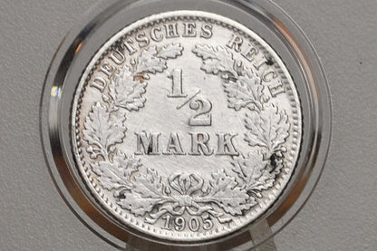 1905 German 1/2 Mark, J Mint Mark - AU Details - German Empire Silver One Half Mark 1905, Silver Half Mark 1905J, Great Coin