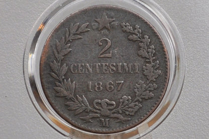 1867 Italian 2 Centesimo - Great Condition - 1867 Two Cent Coin Italy - Vittorio Emanuele II - Copper - 1867 2 Cent