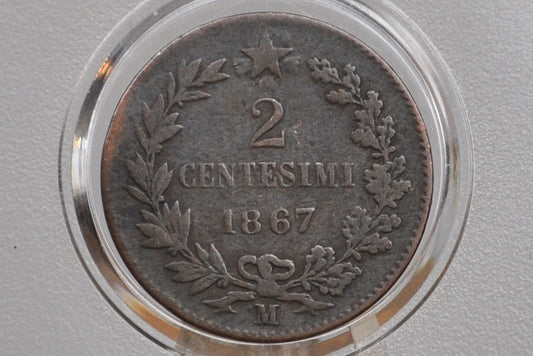 1867 Italian 2 Centesimo - Great Condition - 1867 Two Cent Coin Italy - Vittorio Emanuele II - Copper - 1867 2 Cent