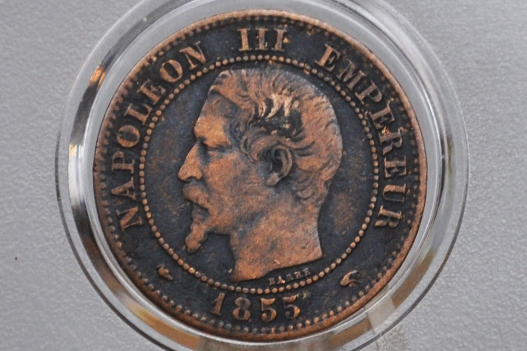 1855-A 2 Centimes France - VF+ Grade/Condition - Deux Centimes 1855A France, Napoleon III - Better Date, Lower Mintage