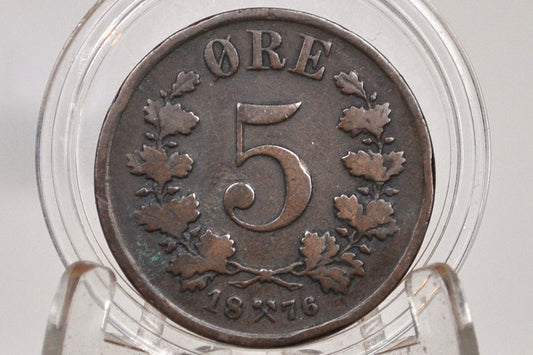 1876 Norway 5 Ore Coin - Great Condition - Norwegian Five Ore Coin 1876, Lower Mintage Coin, Few Surviving