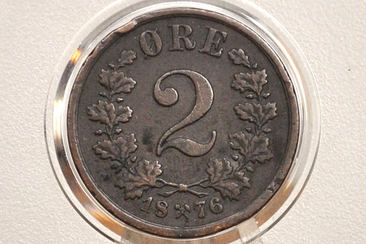 1876 Norway 2 Ore Coin - XF - Norwegian Two Ore Coin 1876, Lower Mintage Coin, Few Surviving