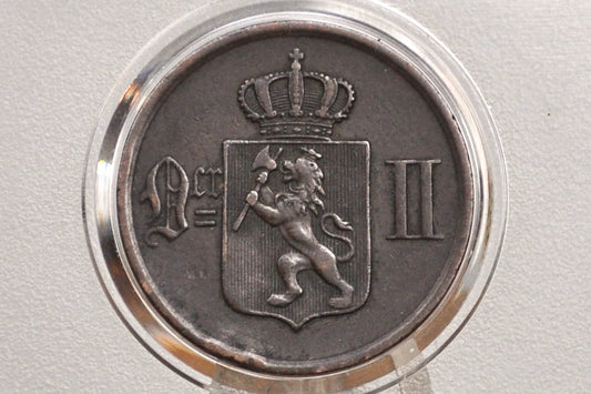1876 Norway 2 Ore Coin - XF - Norwegian Two Ore Coin 1876, Lower Mintage Coin, Few Surviving