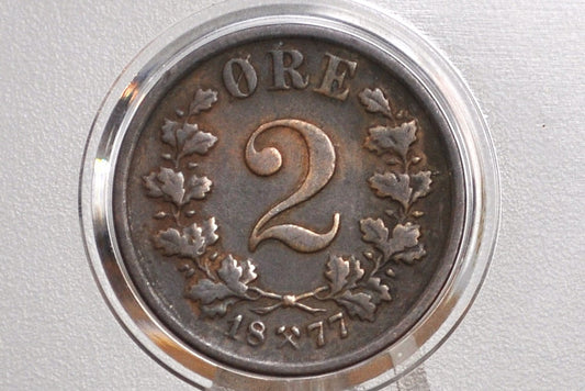 1877 Norway 2 Ore Coin - XF - Norwegian Two Ore Coin 1877, Lower Mintage Coin, Few Surviving