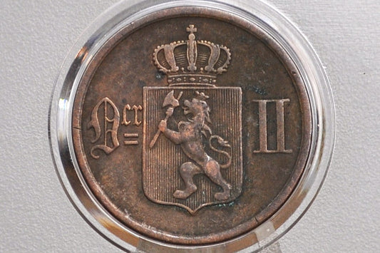 1877 Norway 2 Ore Coin - XF - Norwegian Two Ore Coin 1877, Lower Mintage Coin, Few Surviving