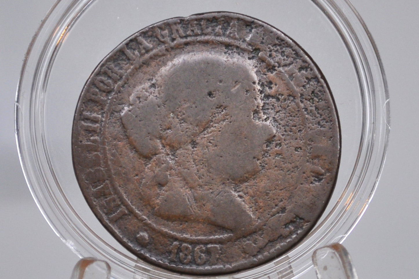 1867 Spanish 5 Centimos De Escudo - Worn, May be Shipwreck - Isabel II of Spain - Copper - Spain Isabel II Coin - 5 Cent Spain 1867