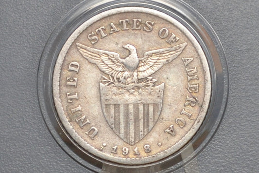 1918-S Philippines Silver 20 Centavos - Great Condition VF/XF - 1918 Silver Twenety Centavos Philippines, 90% Silver