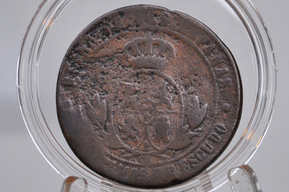 1867 Spanish 5 Centimos De Escudo - Worn, May be Shipwreck - Isabel II of Spain - Copper - Spain Isabel II Coin - 5 Cent Spain 1867