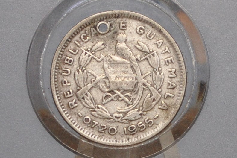 Rarer 1955 Silver Guatemala 5 Centavos - Great Condition, Holed - Republic of Guatemala Coin - Guatemala Quetzal
