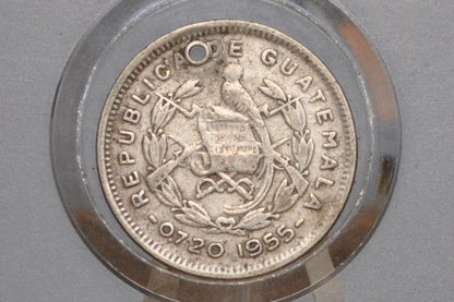 Rarer 1955 Silver Guatemala 5 Centavos - Great Condition, Holed - Republic of Guatemala Coin - Guatemala Quetzal