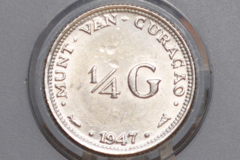 1947 Silver Netherlands Curacao 1/4 Gulden - Uncirculated Grade / Condition - Queen Juliana - Only 1 Million Made
