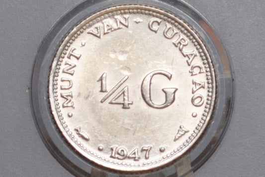 1947 Silver Netherlands Curacao 1/4 Gulden - Uncirculated Grade / Condition - Queen Juliana - Only 1 Million Made
