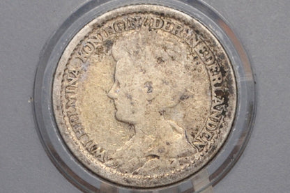 1919 Silver Netherlands 25 Cent - F/VF Condition - Wilhelmina I - Old Netherlands Coin - .640 Silver