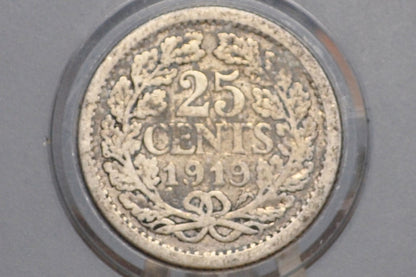 1919 Silver Netherlands 25 Cent - F/VF Condition - Wilhelmina I - Old Netherlands Coin - .640 Silver