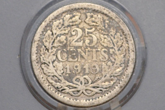 1919 Silver Netherlands 25 Cent - F/VF Condition - Wilhelmina I - Old Netherlands Coin - .640 Silver