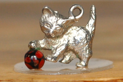 Silver and Enamel Kitten Playing with Ball Charm - Tested Sterling Silver - Playing Kitty Charm