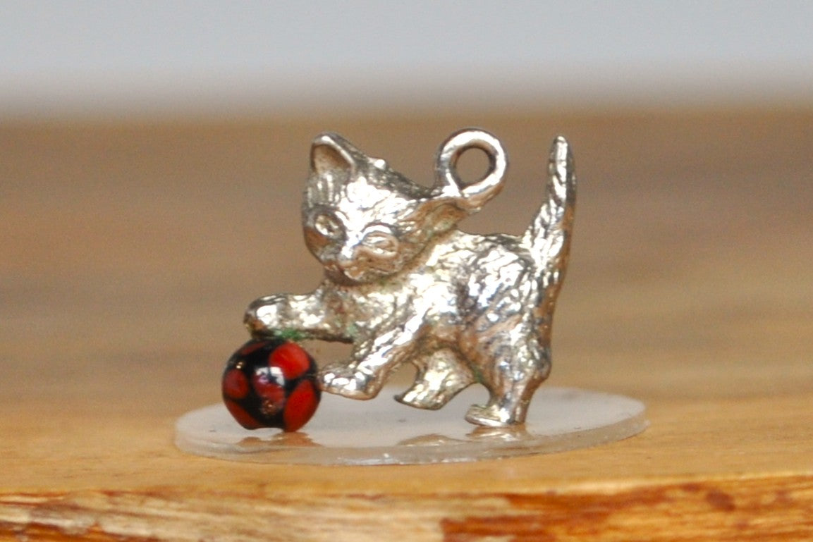 Silver and Enamel Kitten Playing with Ball Charm - Tested Sterling Silver - Playing Kitty Charm