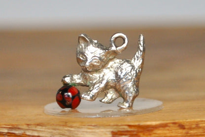 Silver and Enamel Kitten Playing with Ball Charm - Tested Sterling Silver - Playing Kitty Charm