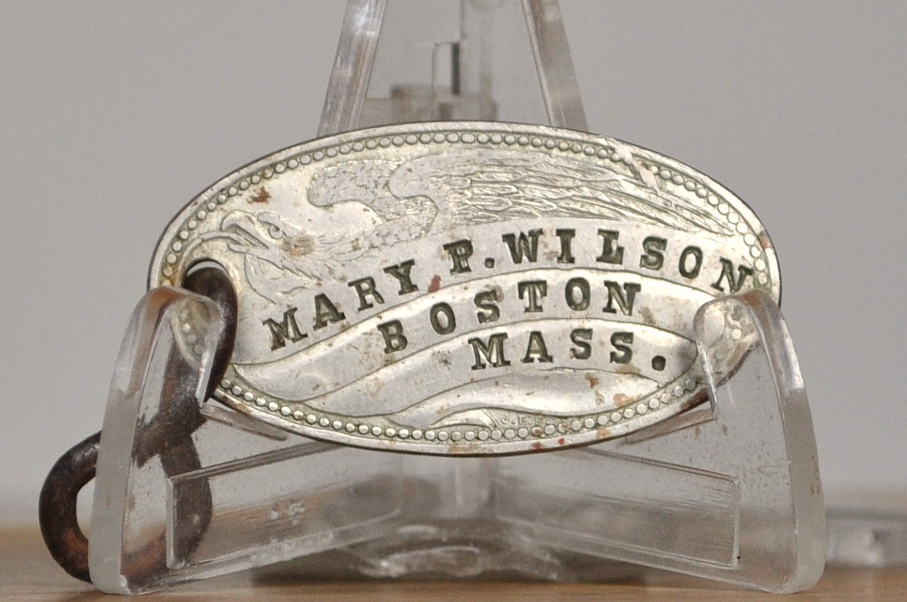 Antique Registry ID Tag of Mary P. Wilson- Vintage Return Address Tag For Mary Evans Wilson - Boston, Mass ID Keychain for Mary P. Evan Wilson