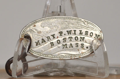 Antique Registry ID Tag of Mary P. Wilson- Vintage Return Address Tag For Mary Evans Wilson - Boston, Mass ID Keychain for Mary P. Evan Wilson