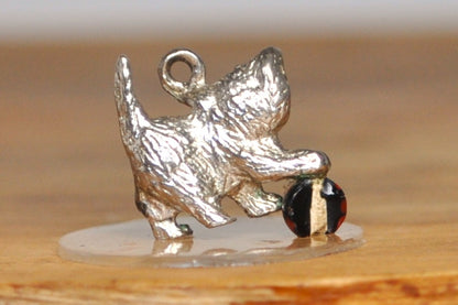 Silver and Enamel Kitten Playing with Ball Charm - Tested Sterling Silver - Playing Kitty Charm