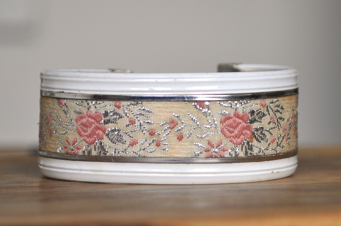 Vintage Floral Fabric Bangle Bracelet - Antique Rose/Foliage Bangle Bracelet