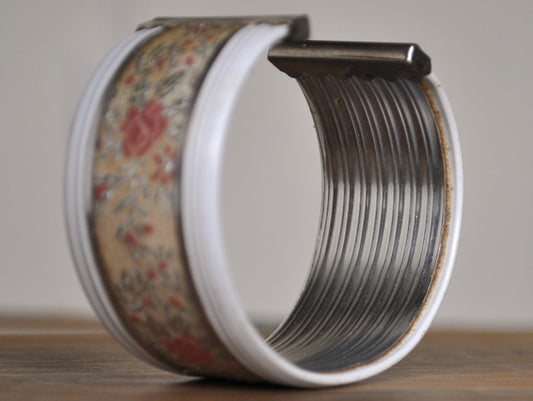 Vintage Floral Fabric Bangle Bracelet - Antique Rose/Foliage Bangle Bracelet