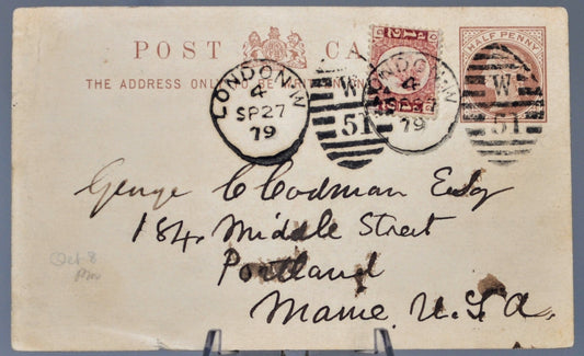 1879 Great Britian Prepaid Postcard with 1/2 Penny Rose Red Stamp - 1870 Rose Red Plate 5 Stamp - Victorian Britian London to Maine Postcard