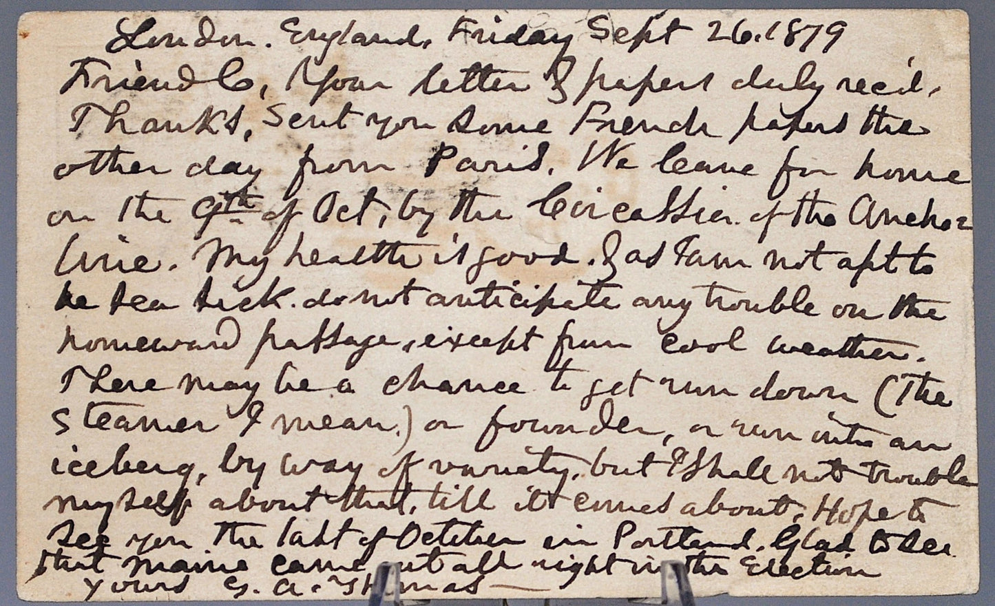 1879 Great Britian Prepaid Postcard with 1/2 Penny Rose Red Stamp - 1870 Rose Red Plate 5 Stamp - Victorian Britian London to Maine Postcard