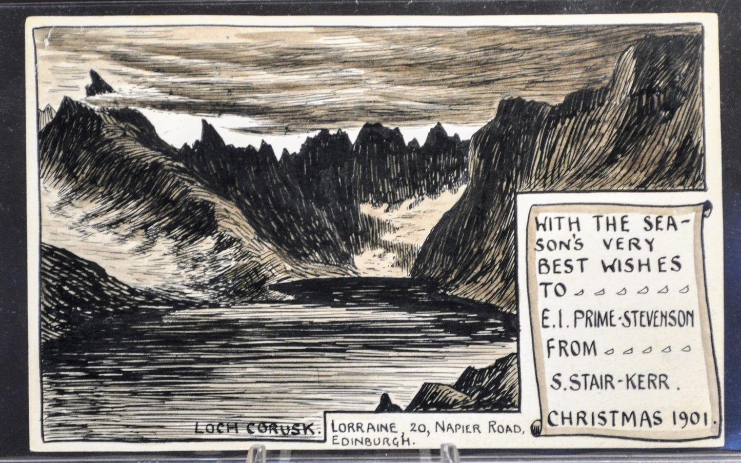 Hand Drawn 1901 Postcard Sent to Famous Author E. I. Prime-Stevenson - Hand Drawn by S. Stair-Kerr Loch Corusk Scotland Christmas Postcard