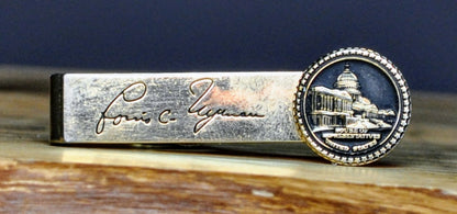 1960s NH Congressman Louis C. Wyman Signature Gold Toned Tie Clip - 2" Length - Vintage House of Representatives Seal Signature Tie Clip