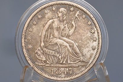 1847-O Seated Liberty Half Dollar - AU, Beautiful Coin - 1847O Liberty Seated Silver Half Dollar