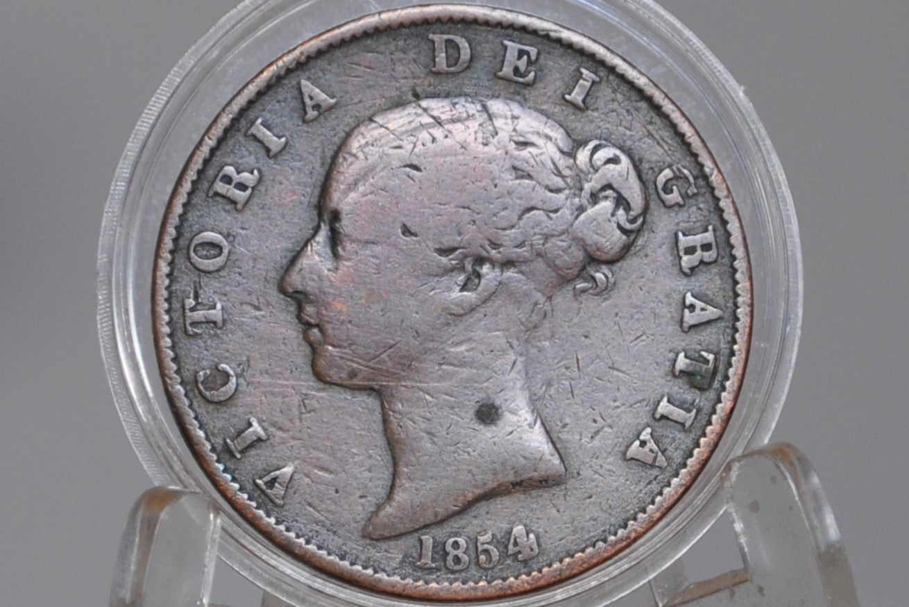 1854 Great Britain Halfpenny - F/VF Details - UK 1/2 Penny 1854 - Bronze, Queen Victoria - Victorian Era Coin