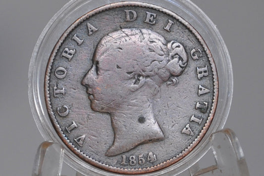 1854 Great Britain Halfpenny - F/VF Details - UK 1/2 Penny 1854 - Bronze, Queen Victoria - Victorian Era Coin